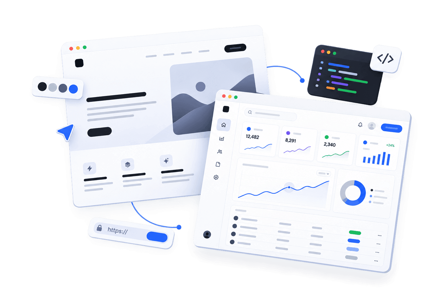 Dashboard and web product interface mockups